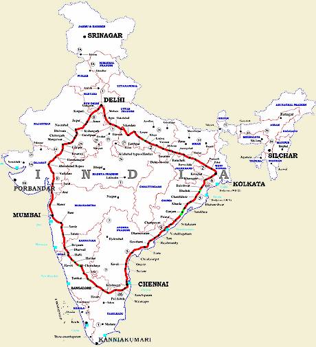 Golden Quatrilateral ou carré d'or qui relie les quatres grandes métropoles indiennes : Delhi, Mumbai, Chennai et Kolkata